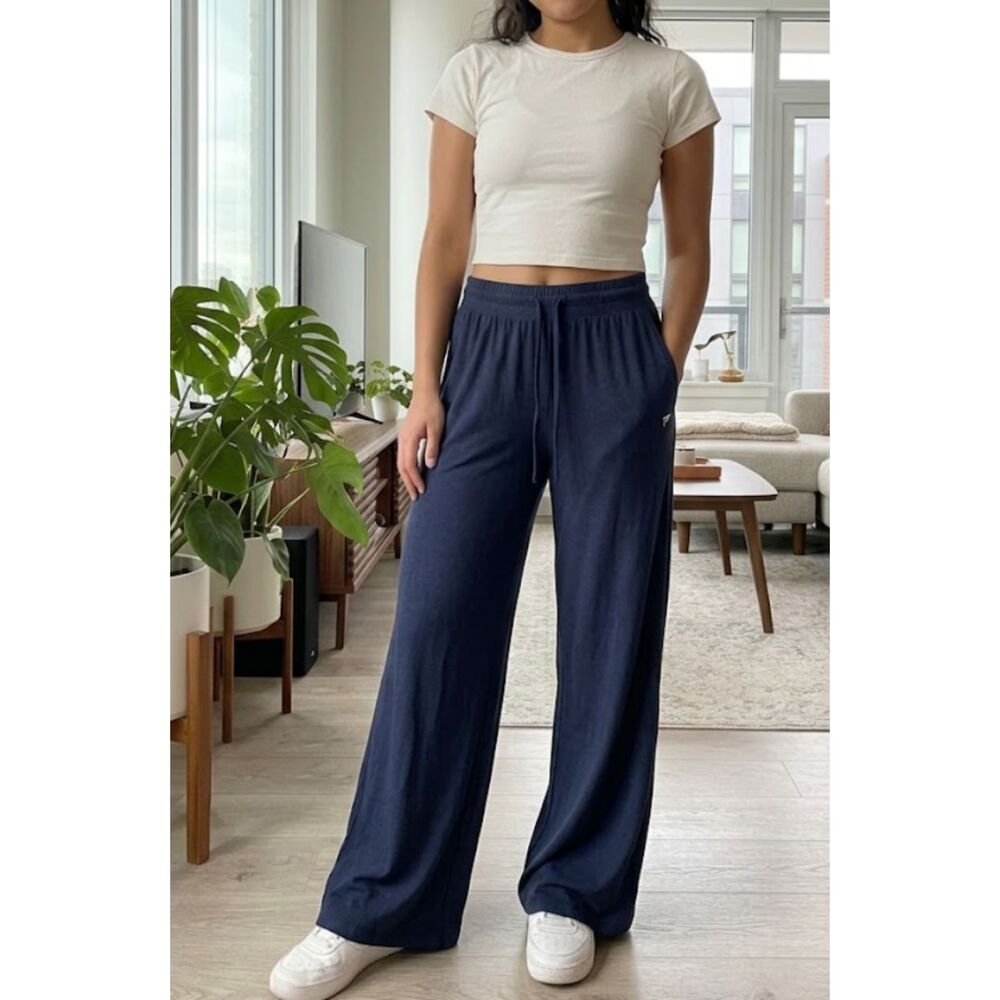 New Fabletics Cloud Jersey Wide Leg Pull On Pant Navy Blue Women's Size Long S